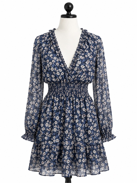 Vici Dresses & Skirts - VICI Navy Blue Floral Smocked Mini Dress Long Sleeve Boho Cottagecore Size S